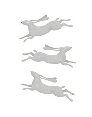 3 Cute Gray Rabbits Jumping Happily Around Each Other. Funny Gray Bunnies on a White Background. Easter Vector Card with Happy Hand Drawn Rabbits. Kids' Room Decoration with Lovely Hares. No Text.