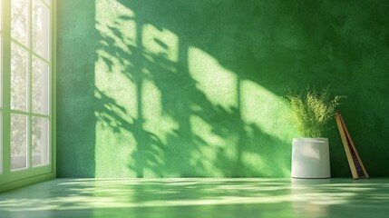 Sunlight casting shadows of leaves on green wall in modern room