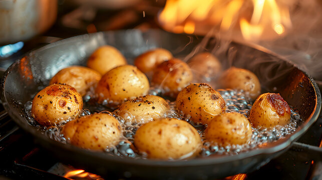 Crispy Golden Potatoes Frying in Hot Oil on a Stovetop