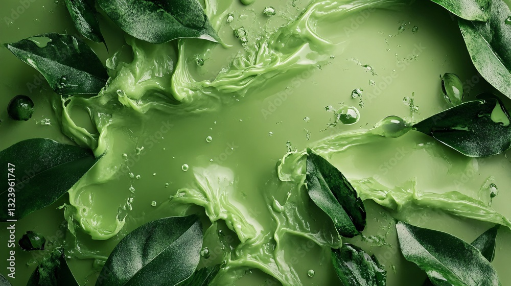 Poster Green liquid splashing with leaves creating refreshing background