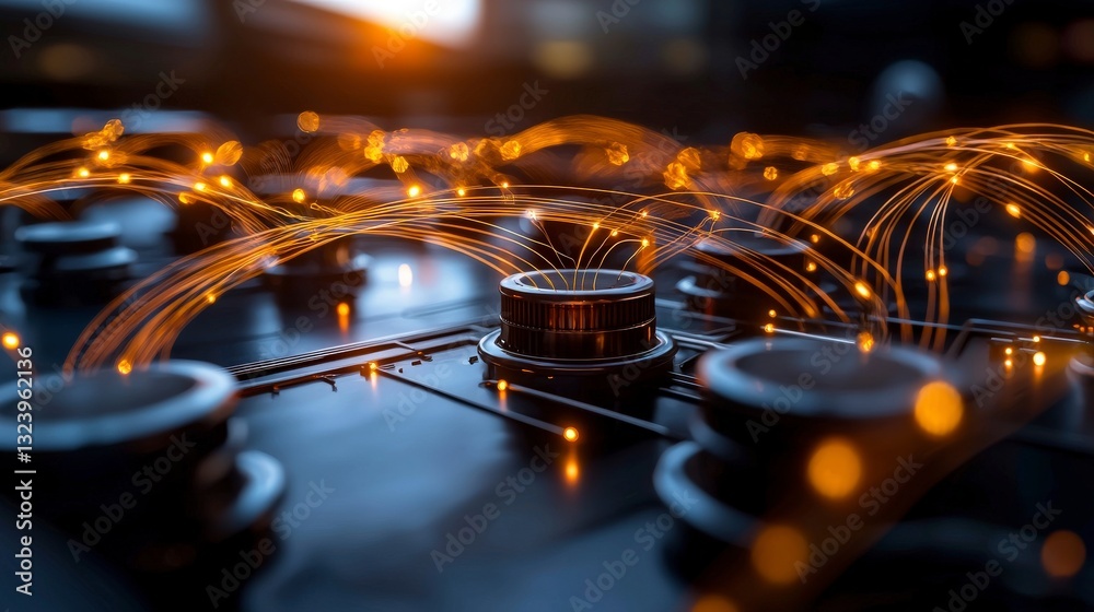 Poster abstract close-up of glowing circuits with dynamic light trails and knobs in a futuristic digital en