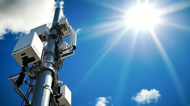 Close-up of a high-frequency antenna array on a towering cell site, capturing the intensity of modern wireless networking and mobile data transmission.