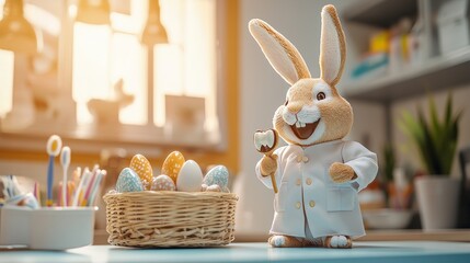 Happy Easter bunny dentist in medical office holding a chocolate tooth on a stick next to a basket of decorated Easter eggs. Easter greetings from medical dental clinic. Happy Easter. With copy space