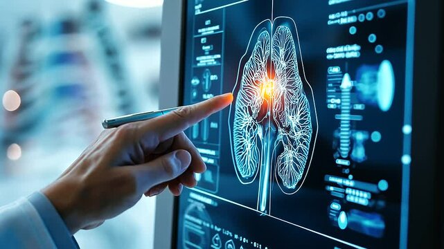 Close-up of kidney function with a glowing HUD interface. A hand with a stylus pen points at a digital screen, displaying renal filtration in a high-tech lab.