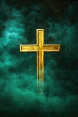 Golden cross emerges from ethereal green fog, symbolizing hope a