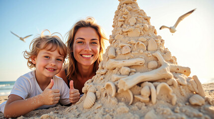 Joyful beach moments with mother and child creating a sandcastle masterpiece together