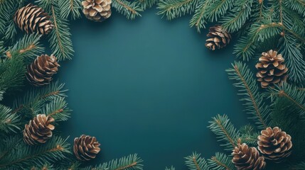 Festive Christmas Frame with Pine Branches and Cones