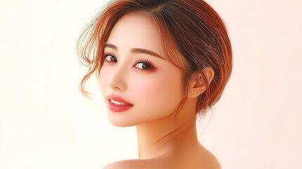 Fototapeta premium Portrait of a woman with auburn hair and soft lighting, showcasing delicate features, gentle smile, and flawless complexion in a light setting.