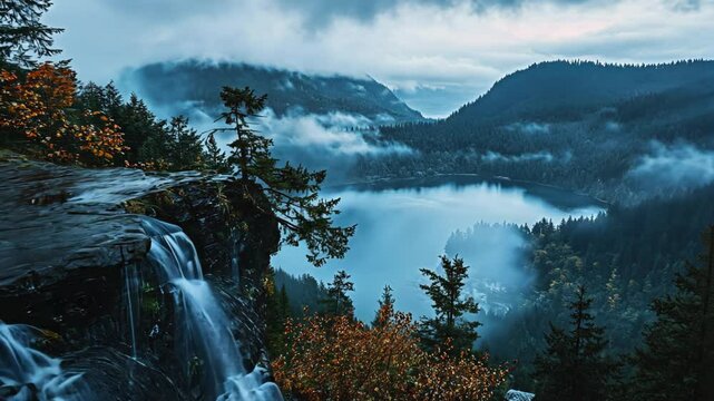 waterfall at the cliff-edge at high mountain with aerial view of long river and sunset sky