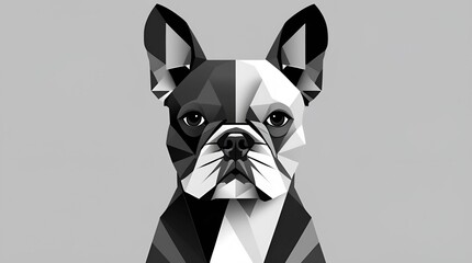 geometric, minimalist illustration of a dog, likely a French Bulldog or Boston Terrier, created using simple shapes and a monochromatic color palette