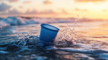 Protecting the Earth and Sustainability Theme. Blue Cup in Ocean Waves at Sunset