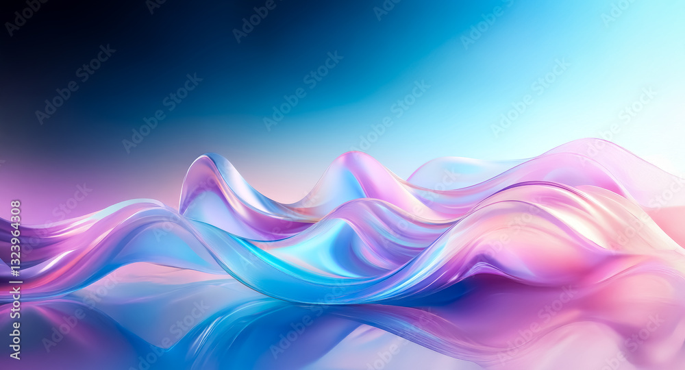 Poster vibrant abstract scene with smooth colorful waves. reflective surface and hues of blue, pink, purple