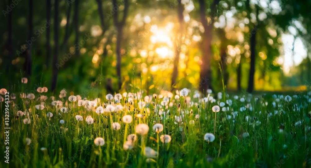 Aufkleber sunlight streams through trees, illuminating a field of fluffy white dandelions in a lush green fore