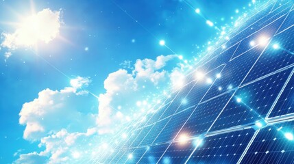 Protecting the Earth and Sustainability Theme. Bright Blue Sky Over Solar Panel Energy Farm