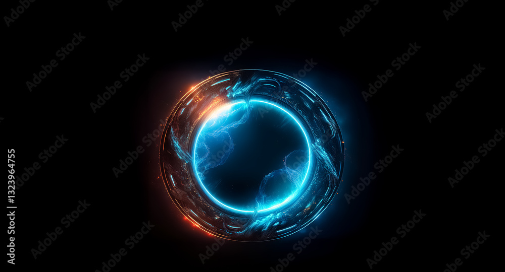 Poster vibrant orb with a neon blue core and an orange outer layer, emitting bright light against a stark b