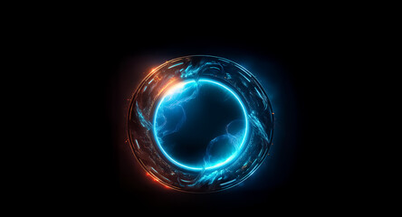 Vibrant orb with a neon blue core and an orange outer layer, emitting bright light against a stark black backdrop. Abstract and dynamic.