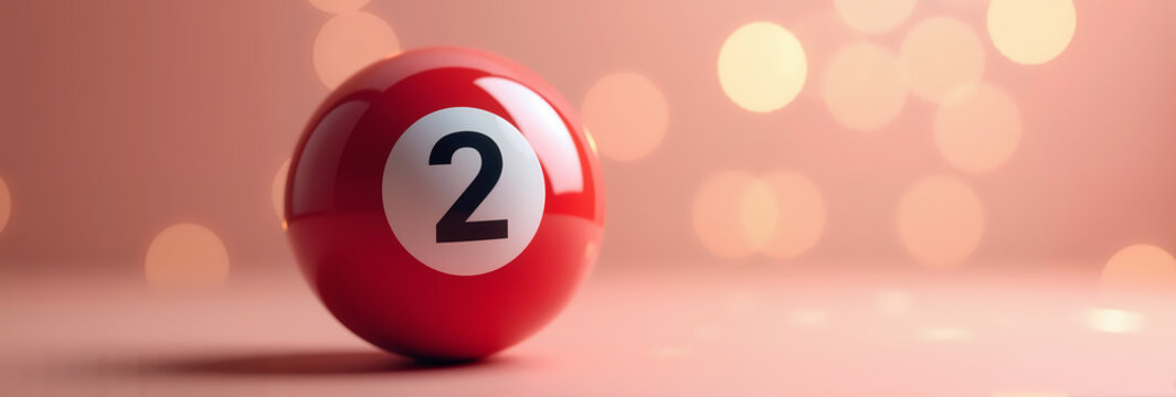 Bright red lottery ball with number 2 on a reflective pink surface, surrounded by soft golden bokeh, symbolizing luck, excitement, and fortune. Ideal for lottery promotions and gambling ads.