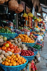 A lively market featuring AI-led dynamic pricing for fair trade goods.