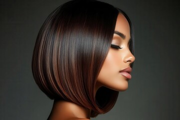 Fototapeta premium elegant woman with glossy caramel ombré hair styled in sleek bob, illuminated by soft studio lighting highlighting natural shine and smooth texture