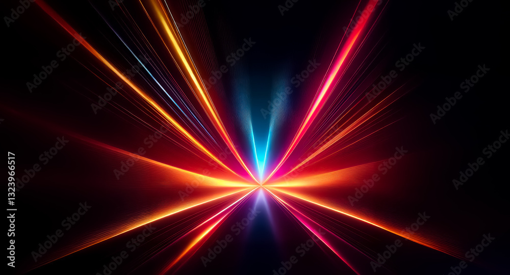 Poster vibrant light beams radiate from a central point in this abstract image. blue, orange, and red strea