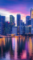 Fototapeta premium Vibrant city skyline at sunset reflecting on water