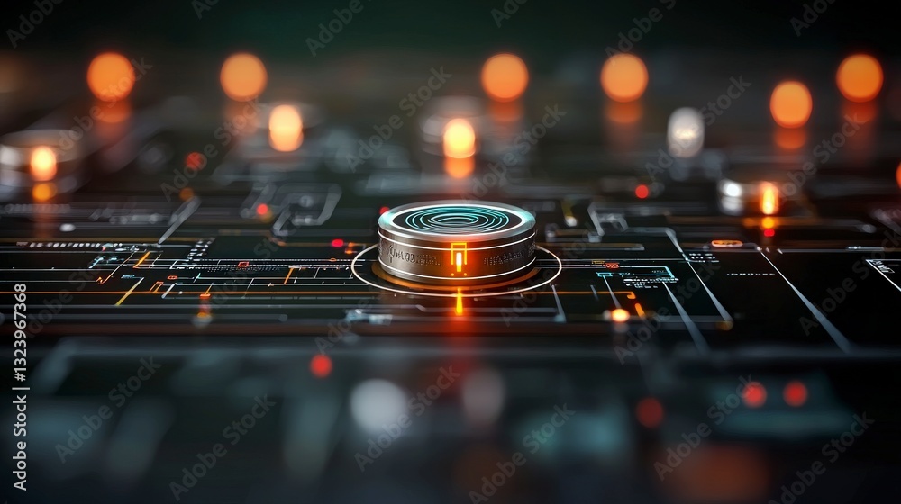 Poster futuristic circuit board with illuminated elements and rotating dial in a dark background