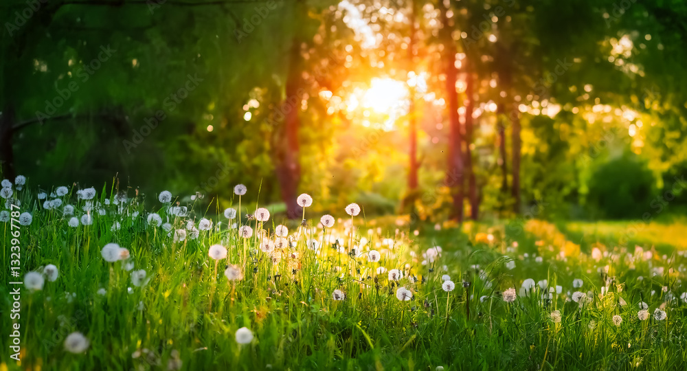 Poster sunlight streams through trees onto a grassy field filled with dandelions. a peaceful nature scene i