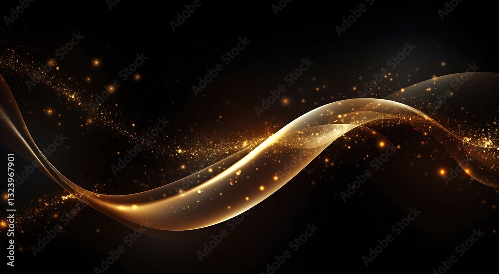 Poster fluid golden silk ribbons twisting gracefully in black void, illuminated by soft shimmering light, delicate floating sparkles enhancing modern abstract elegance, concept of luxury, digital art