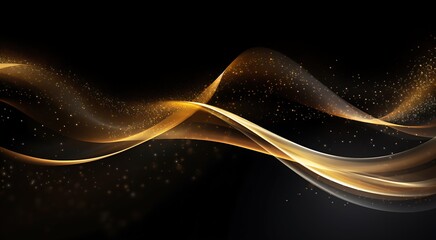 elegant golden waves with soft glowing highlights, flowing smoothly across dark background, surrounded by sparkling particles, luxury abstract digital art