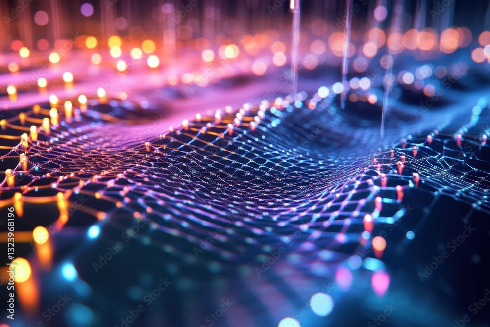 Poster captivating visualization of colorful light patterns in a digital network environment
