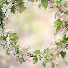 Obraz premium Spring floral wreath with delicate pink blossoms and fresh green leaves on a neutral background. Soft pastel tones, botanical composition, perfect for seasonal design and branding. Generative ai