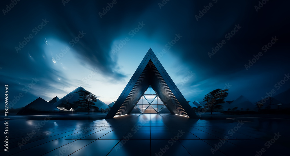 Poster modern triangular building with glass facade stands illuminated against a dramatic dark blue sky. re