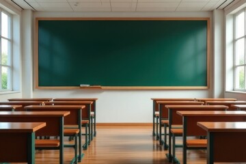 A picture of an empty blackboard in a classroom with no students, symbolizing the teaching and learning in a school.