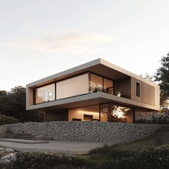 Modern sustainable house illuminating warm lights surrounded by nature at sunset