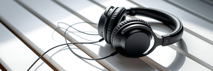 Sleek Black Over-Ear Headphones with Coiled Cable on White Wooden Surface, black headphones, over-ear headphones, studio headphones, professional headphones, high-quality audio, wired headphones, 