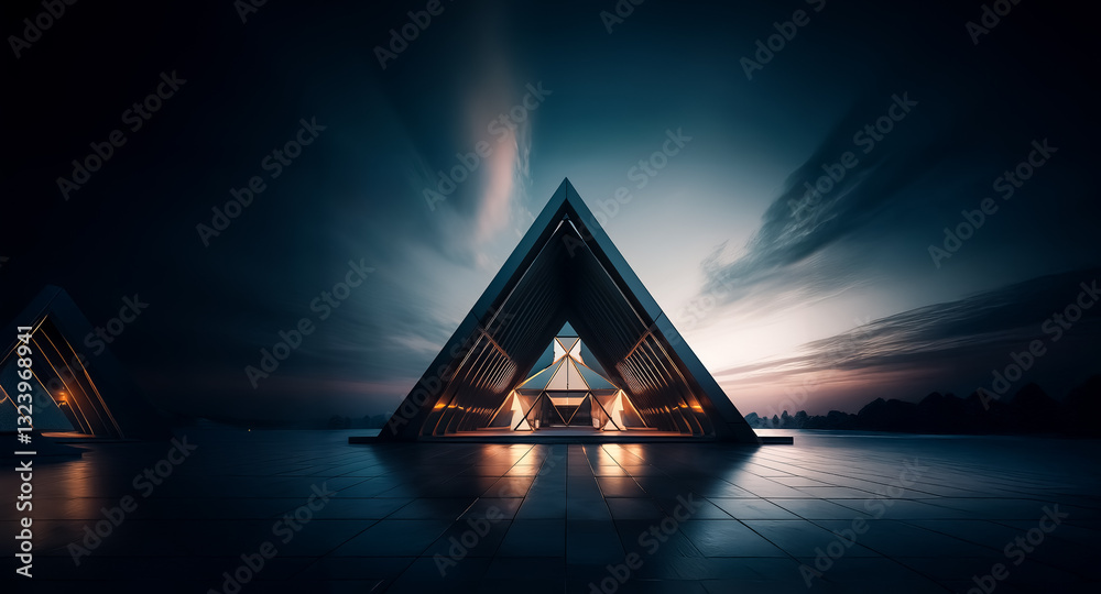 Leinwandbilder Illuminated triangular structure stands against a dramatic dark sky. Reflective ground mirrors the modern architectural scene at twilight.