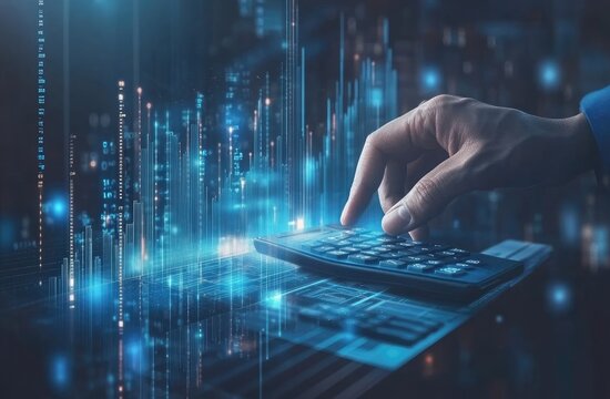 A hand using a calculator over digital financial data