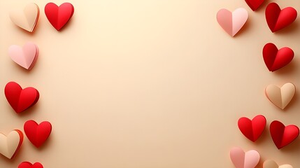 Decorative Border of Red and Pink Paper Hearts on a Light Background.