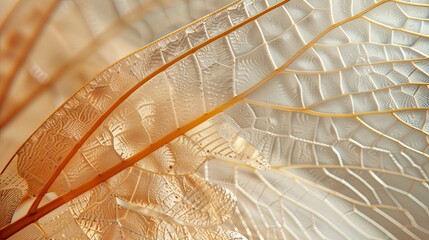 Intricate translucent details of insect wing illuminated by golden sunlight