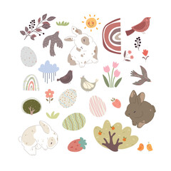 Set with hand drawn cute bunny, eggs, cartoon nature. Kids set with cute animals and plants.