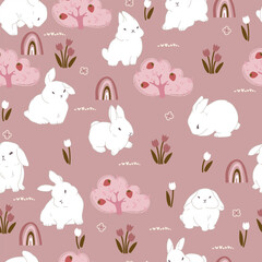 Hand drawn Easter bunny and flowers. Cute animals and tulips, vector illustration, seamless pattern.