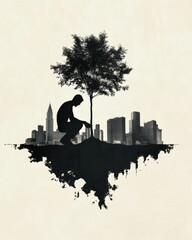 Obraz premium Protecting the Earth and Sustainability Theme. Silhouette of a Person Planting a Tree in a Cityscape