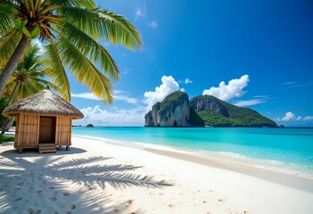 Fototapeta premium Tropical beach paradise with bamboo hut, white sand and turquoise water