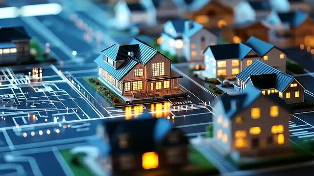 Detailed architectural blueprint with a model house on top, illustrating a developing residential area with mapped-out streets and property divisions. The scene embodies urban plan