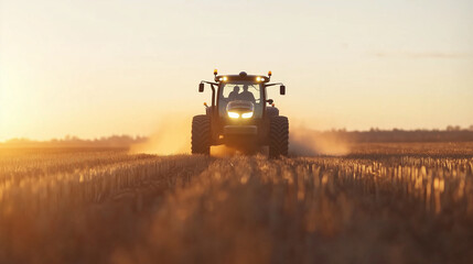 Fototapeta premium A farmer driving a gas-powered tractor through golden fields