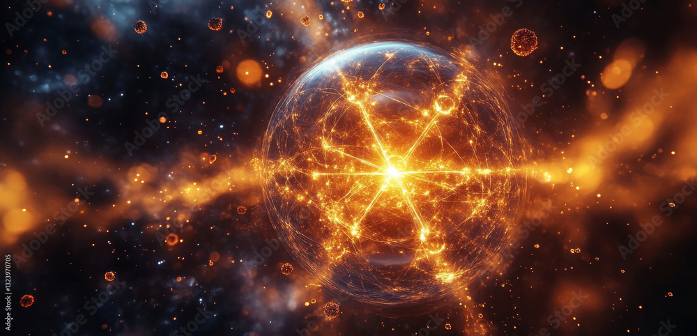 Leinwandbilder A glowing sphere represents quantum particles displaying superposition and entanglement in a vast cosmic landscape, illustrating complex concepts in quantum computing and algorithm optimization.