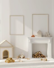 White minimalist nursery interior with fireplace and wooden toys