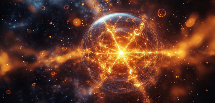 A glowing sphere represents quantum particles displaying superposition and entanglement in a vast cosmic landscape, illustrating complex concepts in quantum computing and algorithm optimization.