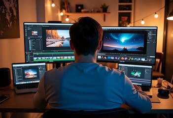 Fototapeta premium Video editor working late at night in a home studio