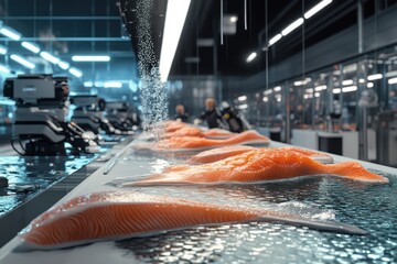 Fresh salmon being processed in a modern seafood facility in a clean environment